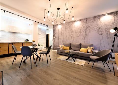 Kitchen or kitchenette, Living room, Seating area, Dining area