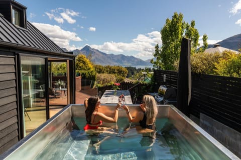 Patio, Day, People, Natural landscape, Hot Tub, Dining area, Guests, Lake view, Mountain view, Pool view, group of guests
