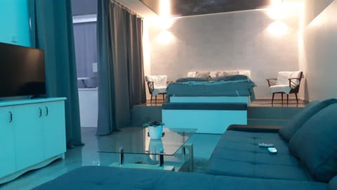 Communal lounge/ TV room, Bed, TV and multimedia, Living room, Seating area, Bedroom