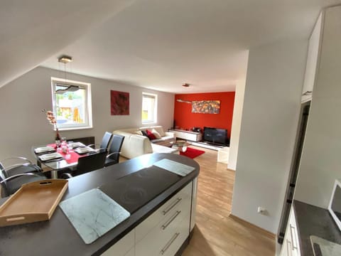 Kitchen or kitchenette, Living room, Seating area, Dining area