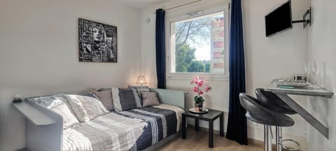 Bed, TV and multimedia, Living room, Photo of the whole room, Seating area, Bedroom, Garden view