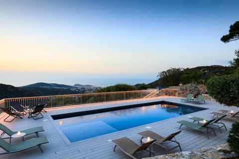 Patio, Natural landscape, Sea view, Swimming pool, sunbed