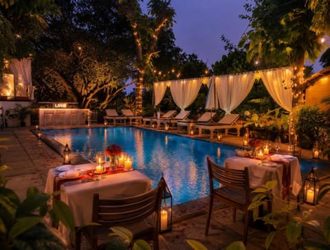 Property building, Night, Pool view, Swimming pool