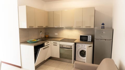 Kitchen or kitchenette, dishwasher, stove, washing machine