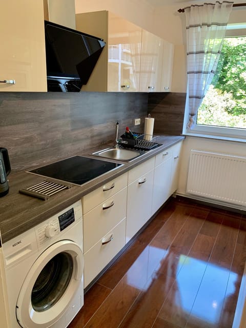 Kitchen or kitchenette, dishwasher, stove, washing machine