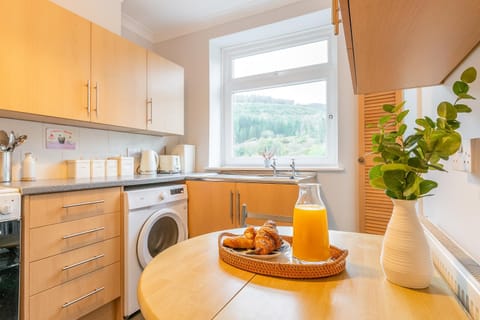 Kitchen or kitchenette, stove, washing machine