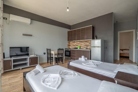 Communal lounge/ TV room, Bed, TV and multimedia, Kitchen or kitchenette, Photo of the whole room, Evening entertainment, Bedroom, oven, towels, wardrobe, air conditioner