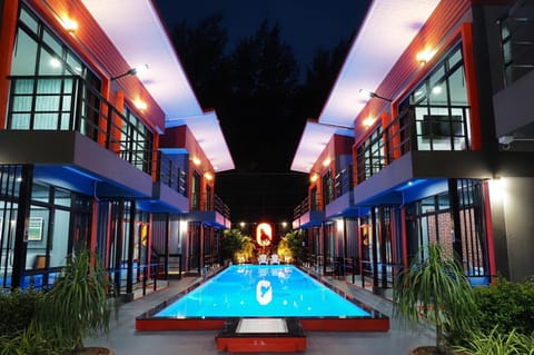 Night, Pool view, Swimming pool