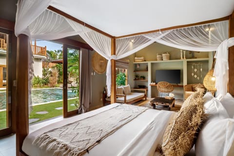 Bed, Seating area, Bedroom, Pool view