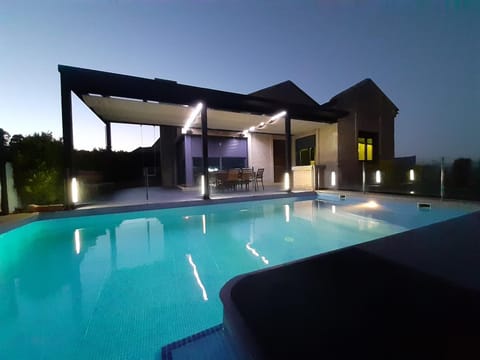 Property building, Facade/entrance, Bird's eye view, Swimming pool, Sunset