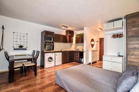 Bed, Kitchen or kitchenette, Dining area, wardrobe, washing machine