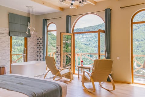 Natural landscape, View (from property/room), Balcony/Terrace, Living room, Photo of the whole room, Seating area, Mountain view, River view, Bath