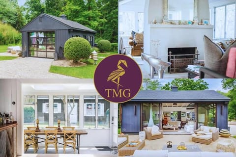 Property building, Patio, Dining area, Text overlay, Garden view