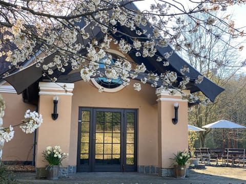 Facade/entrance, Spring, On site, Sunrise