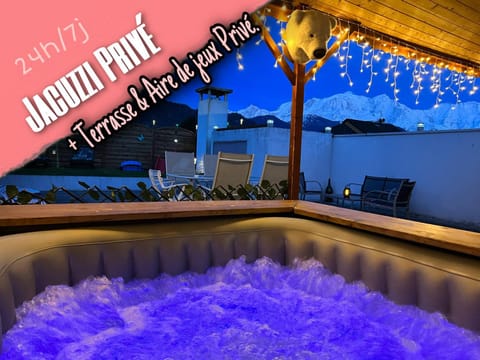 Patio, Night, Natural landscape, Hot Tub, Text overlay, Mountain view, Open Air Bath