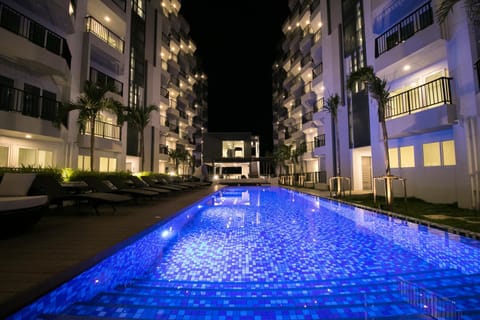 Property building, Night, Pool view, Swimming pool
