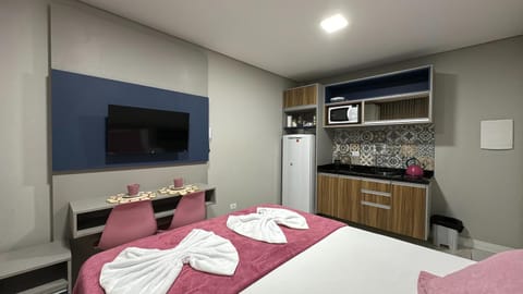 Bed, TV and multimedia, Kitchen or kitchenette, Photo of the whole room, Bedroom, minibar, stove, towels