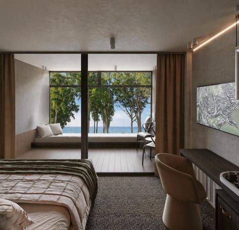 View (from property/room), Balcony/Terrace, Photo of the whole room, Seating area, Bedroom, Sea view