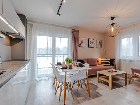 Kitchen or kitchenette, Living room, Seating area, Dining area