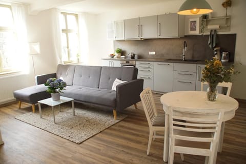 Kitchen or kitchenette, Living room, Seating area, Dining area