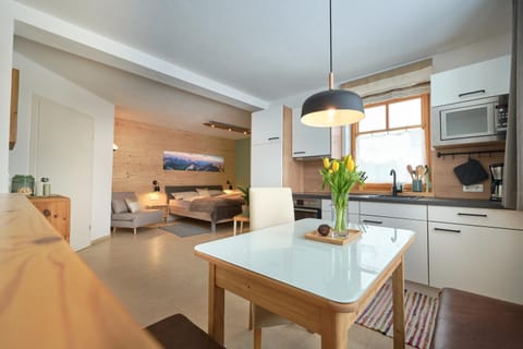 Kitchen or kitchenette, Living room, Seating area, Dining area