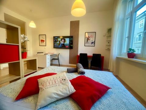 Bed, TV and multimedia, Living room, Photo of the whole room, Seating area, Bedroom