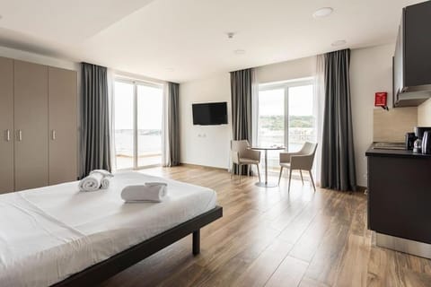 Bed, TV and multimedia, Kitchen or kitchenette, Photo of the whole room, Bedroom, hair dresser, towels, wardrobe