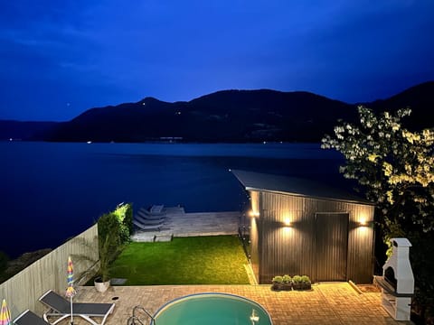 Night, Natural landscape, Lake view, Mountain view, Pool view, Swimming pool, sunbed