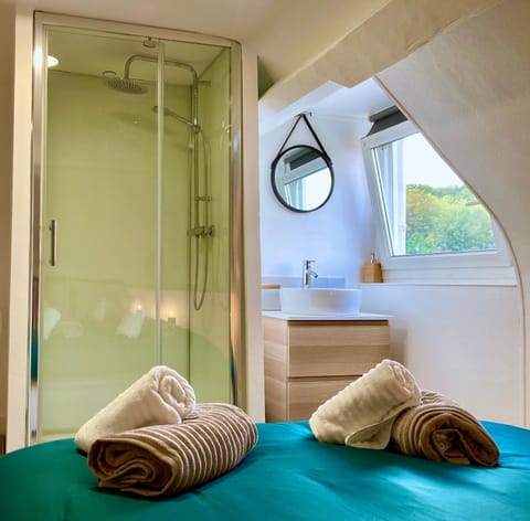 Shower, Bed, Bedroom, towels