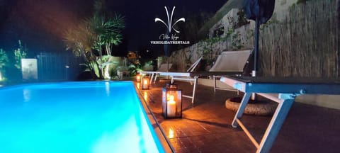 Night, Pool view, Swimming pool, sunbed