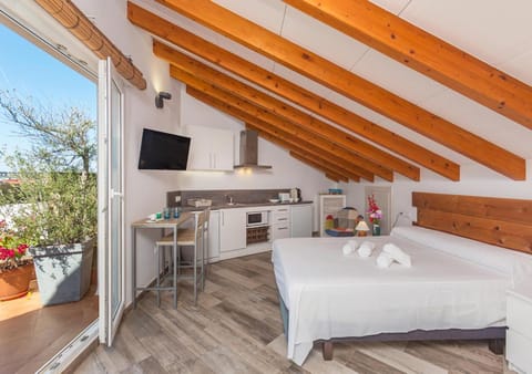 Communal lounge/ TV room, Bed, TV and multimedia, Kitchen or kitchenette, Photo of the whole room, Bedroom