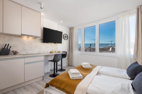 Bed, TV and multimedia, Kitchen or kitchenette, Photo of the whole room, hair dresser, towels