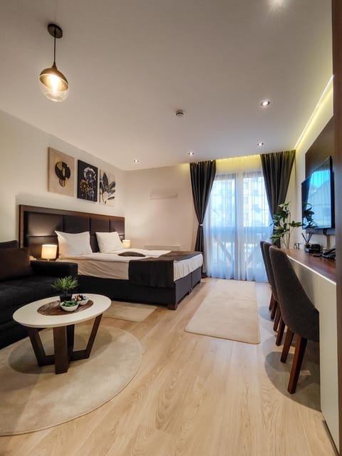 Bed, TV and multimedia, Living room, Photo of the whole room, Seating area, Dining area, Bedroom