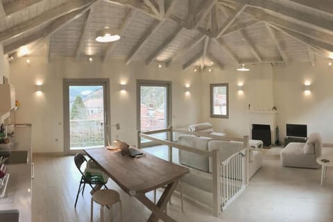 View (from property/room), Living room, Seating area, Dining area, fireplace, kitchen, kitchen