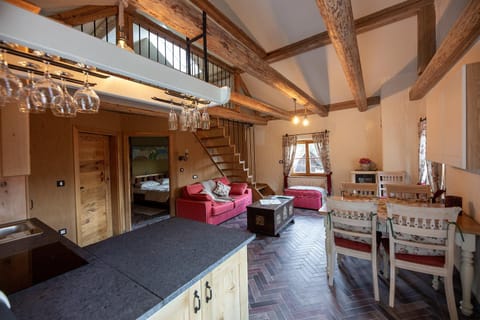 Kitchen or kitchenette, Living room, Seating area, Dining area
