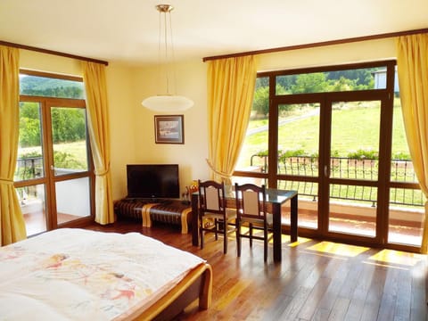 Bed, TV and multimedia, View (from property/room), Seating area, Bedroom, Mountain view