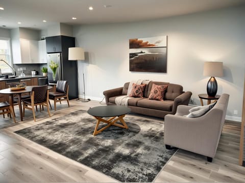 Kitchen or kitchenette, Living room, Seating area, Dining area