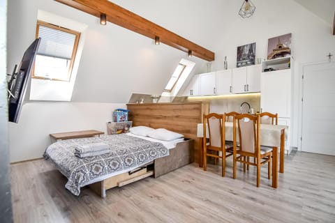 Bed, TV and multimedia, Kitchen or kitchenette, Photo of the whole room, Dining area, Bedroom, oven, towels
