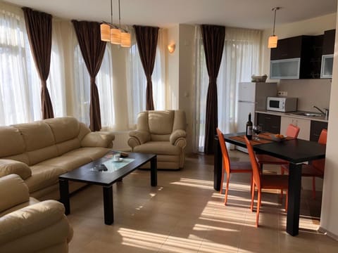 Kitchen or kitchenette, Living room, Seating area, Dining area