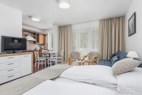 Bed, TV and multimedia, Kitchen or kitchenette, Seating area, Dining area