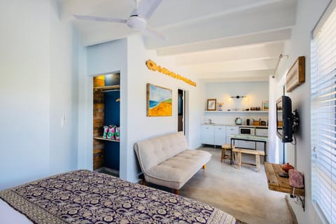 Bed, TV and multimedia, Kitchen or kitchenette, Living room, Photo of the whole room, Seating area