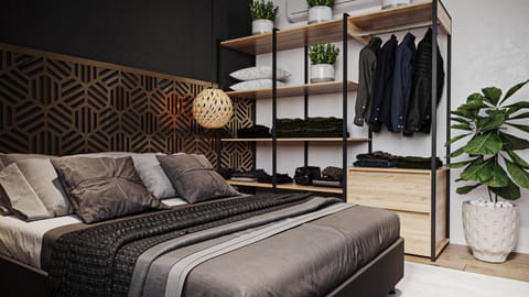 Bed, wardrobe