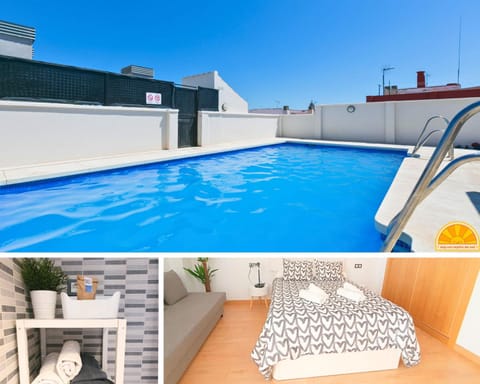 Property building, Bed, Bathroom, Living room, Swimming pool