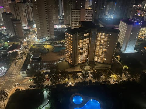 Night, City view, Swimming pool