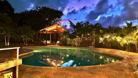 Property building, Night, Natural landscape, Garden, Garden view, Pool view, Swimming pool