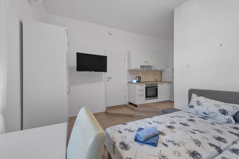 Bed, TV and multimedia, kitchen
