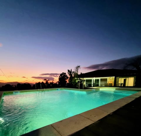 Swimming pool, Sunset, sunbed, towels