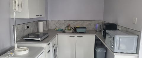 Kitchen or kitchenette, microwave, stove, washing machine