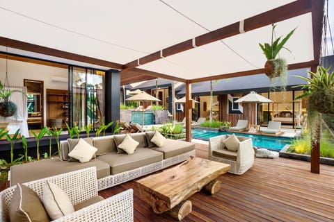 Living room, Seating area, Pool view