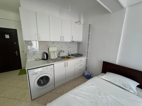 Coffee/tea facilities, Kitchen or kitchenette, Photo of the whole room, stove, washing machine